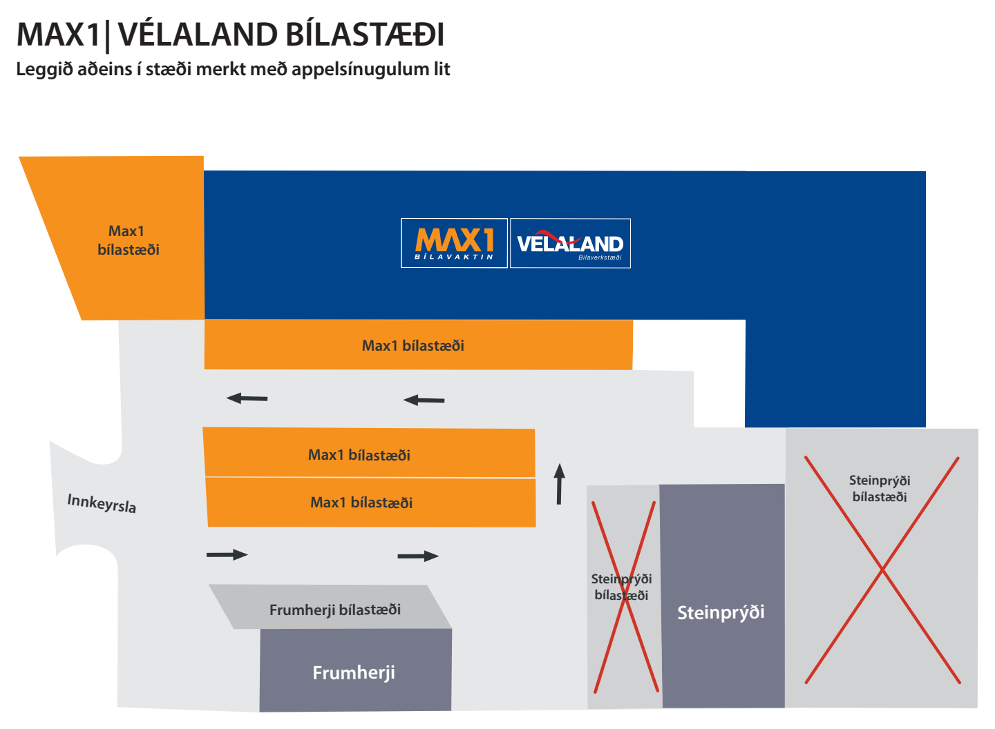 Bílastæðakort MAX1 og Vélalands í Dalshrauni 5. MAX1-stæðin eru röðin meðfram verkstæðinu, tvær raðir í miðju planinu og svæðið vinstra megin við húsið. Innkeyrslan er frá Dalshrauni og einstefna er á planinu. Stæði Frumherja og Steinprýði eru ekki fyrir viðskiptavini MAX1.